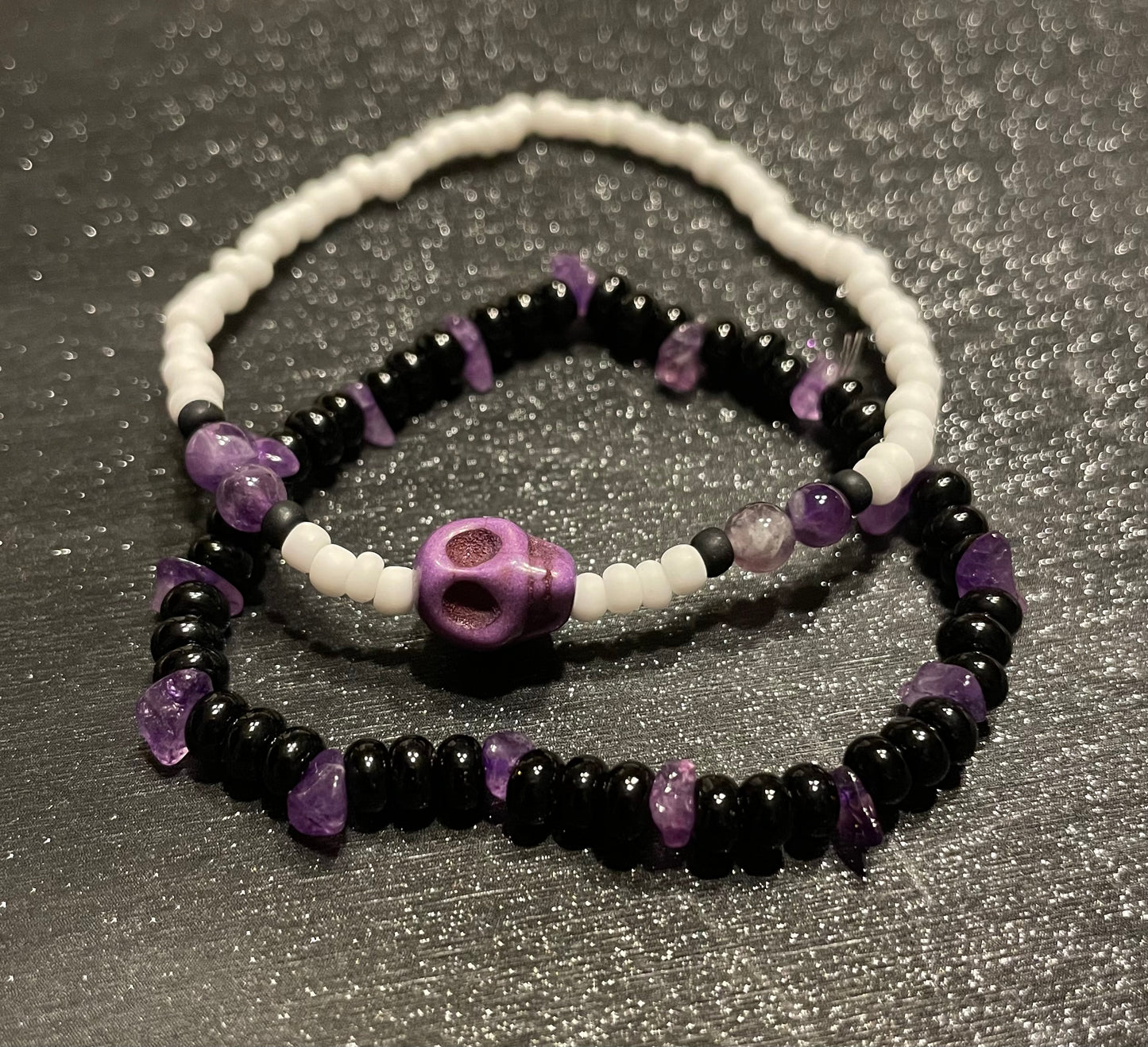 Purple, black & white skull bracelets with amethyst- pack of 2